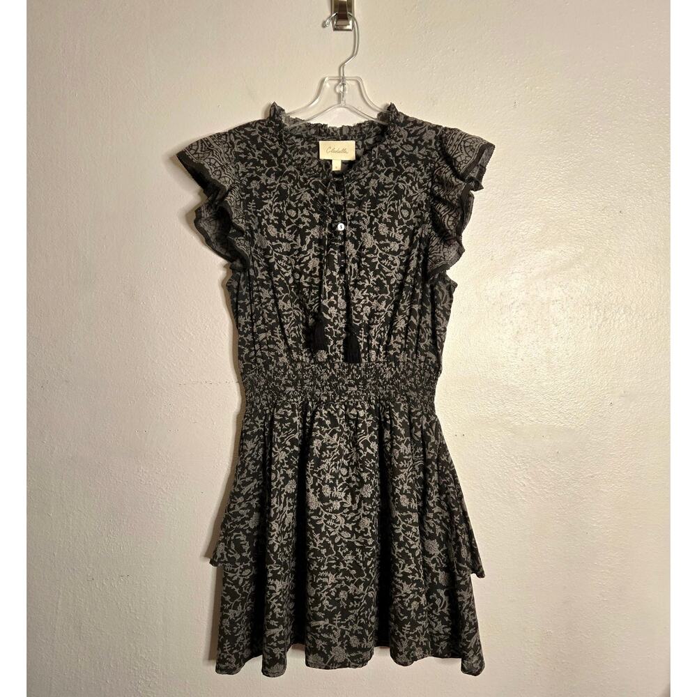 Boho Layered Tiered Floral Tie Front Mini Dress Black Organic Cotton Cleobella